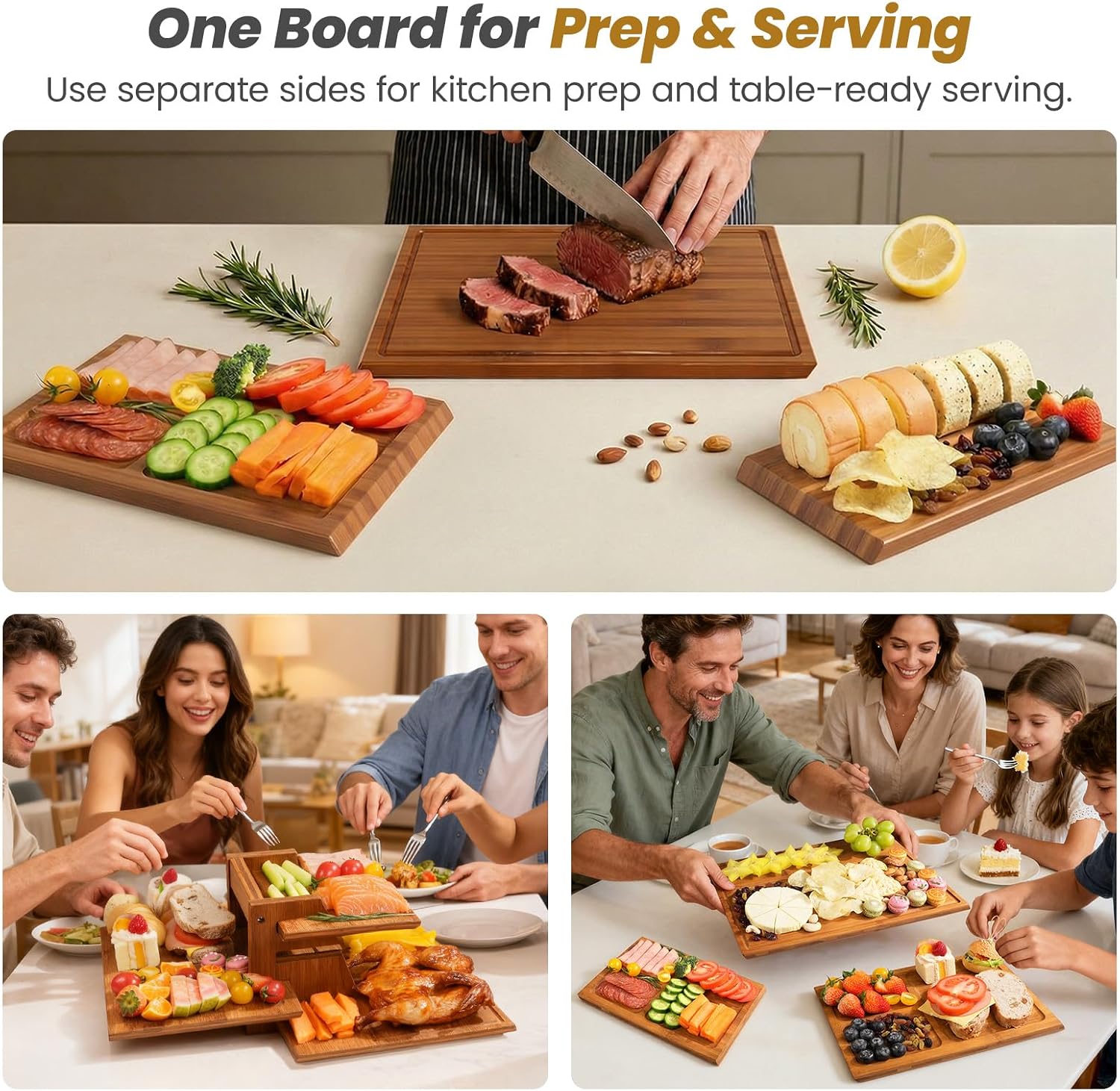 Meal Prep Cutting - 竹製まな板セット スタンド付き、3枚の両面まな板 キッチンでの食事の準備とサービング、シャルキュトリ、ジュースグローブ用
