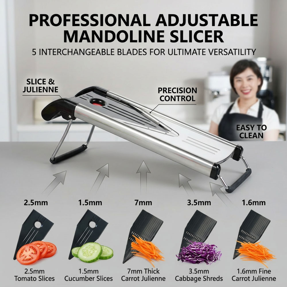 Mandoline Slicer Guard - ステンレス製マンドリンスライサー、5枚の刃で調整可能、食品安全ハンドガードと耐切創手袋付き、キッチン用