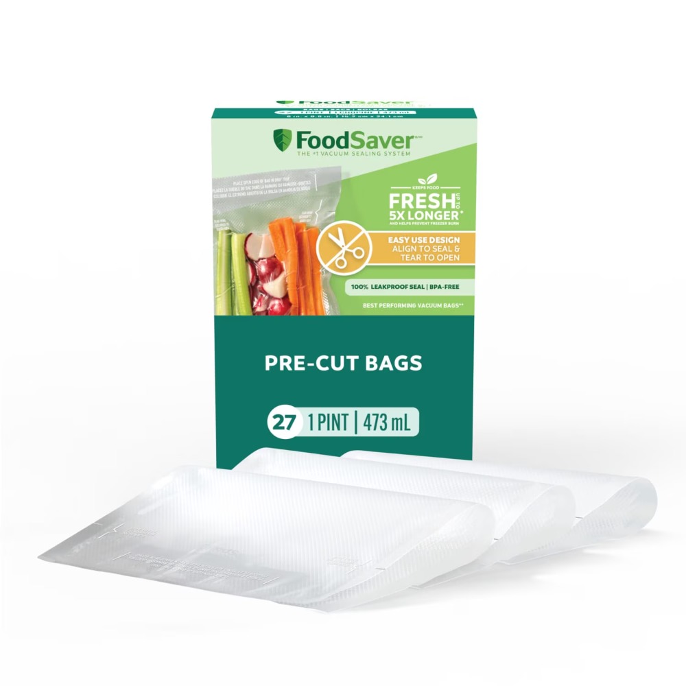 Meal Prep Cutting - FoodSaver ピント真空保存袋、27枚入りプレカットBPAフリー冷凍庫用袋、シール位置を合わせて開封、食品保存、真空調理、食事準備に最適