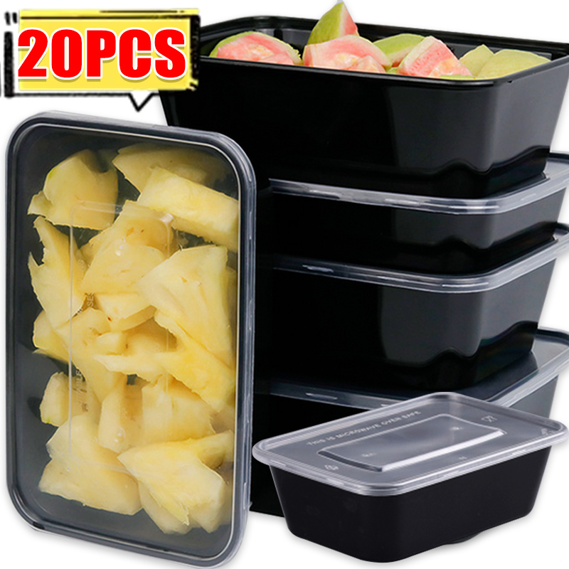 Meal Prep Dinners - 10/20x 食品保存容器 蓋付き 食事準備容器 使い捨て漏れ防止 ブラックランチ弁当箱