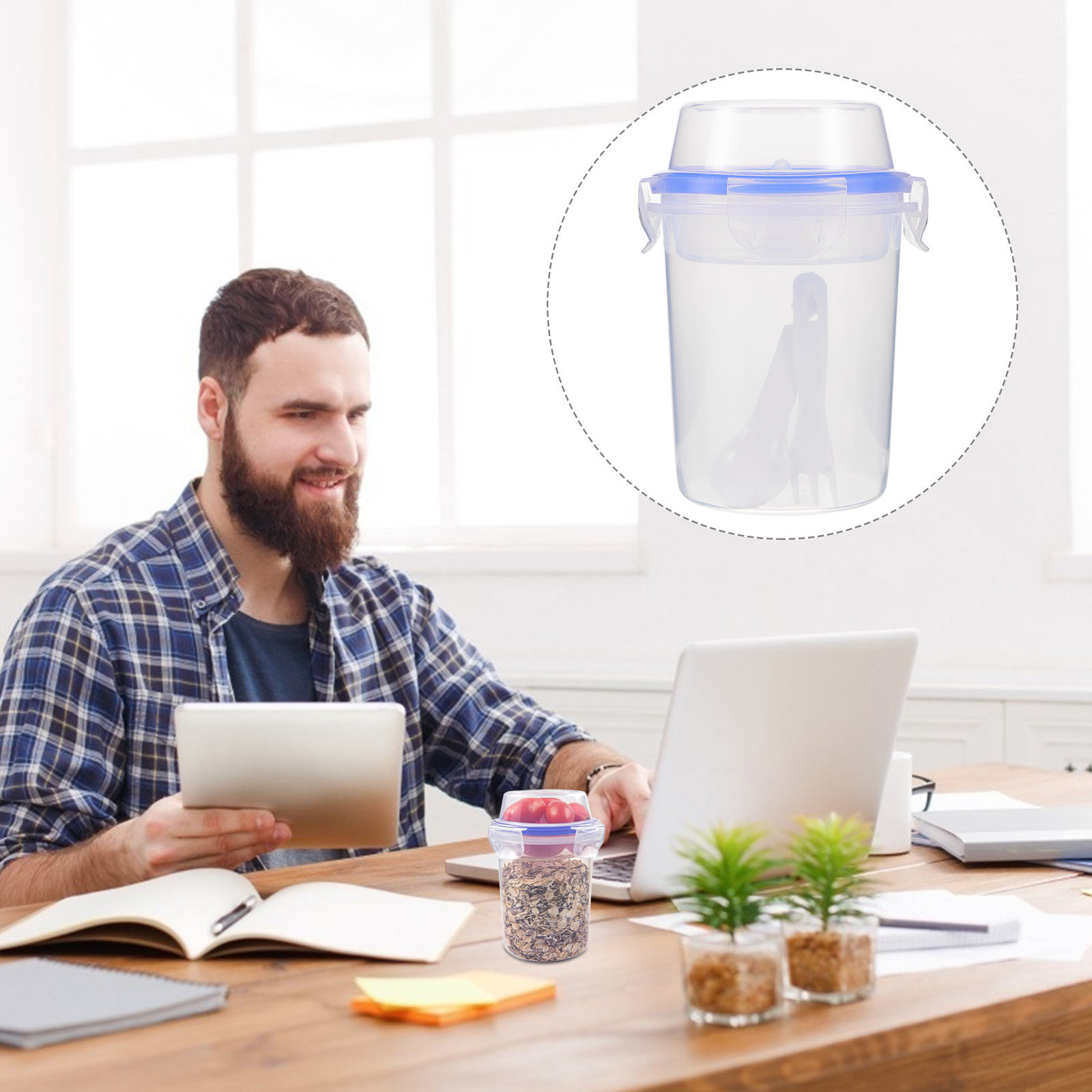 Meal Prep Gym - 2個入りオーバーナイトオーツ容器 蓋とスプーン付き 漏れ防止 ポータブル朝食サラダカップ 食事準備 ジム