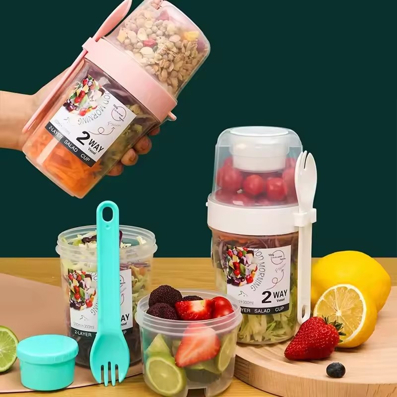 Meal Prep Gym - サラダオートミールカップ 500ml+300ml 漏れ防止蓋 フォークスプーン付き リストストラップ付き ポータブル弁当ミールプレップコンテナ