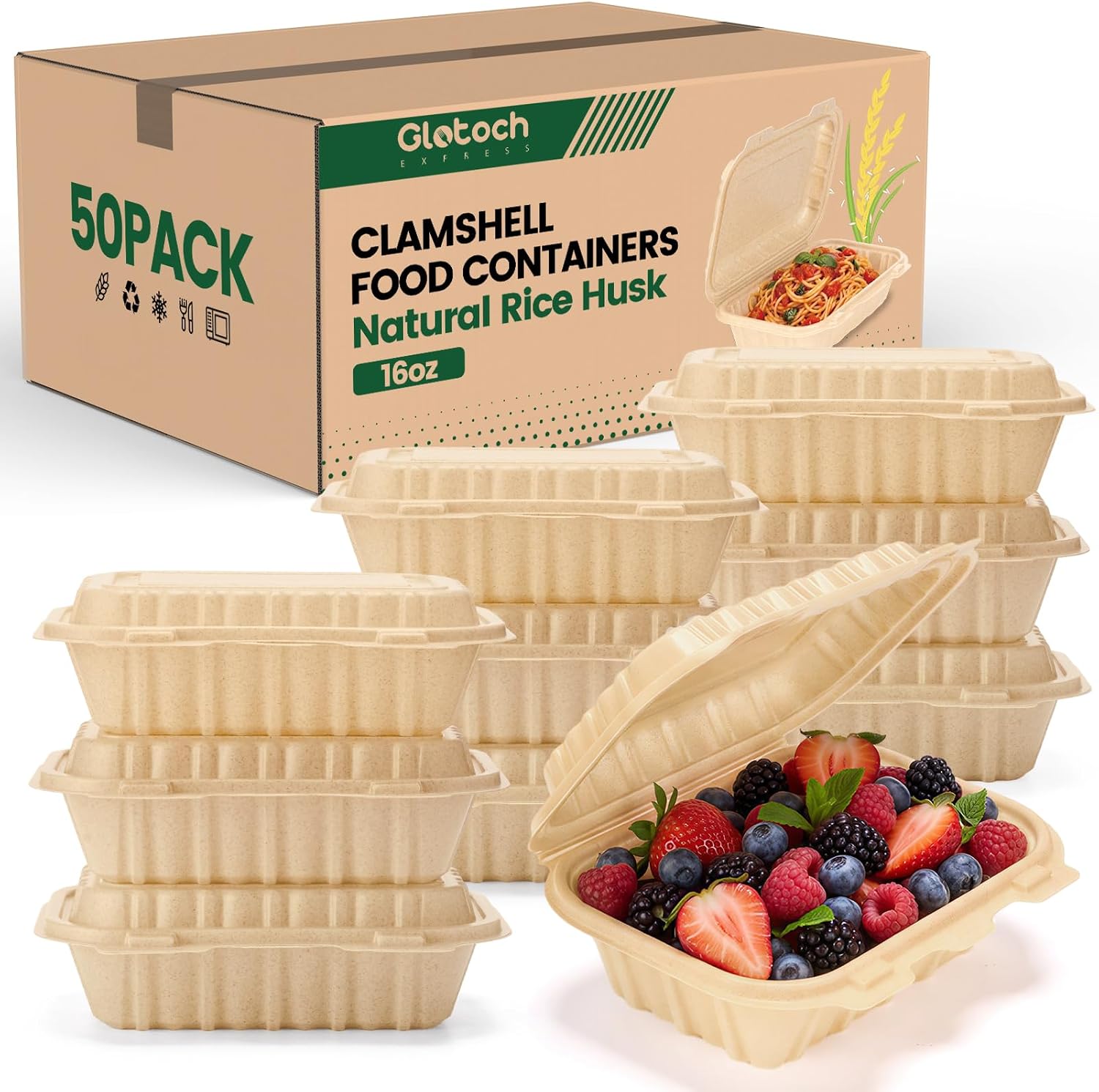 Meal Prep Dinners - 50個入り 16オンス クラムシェル型テイクアウト容器、天然米殻製使い捨て食事準備用ボックス（パスタ、サラダ、中華料理用）-耐久性があり、漏れ防止、電子レンジ対応