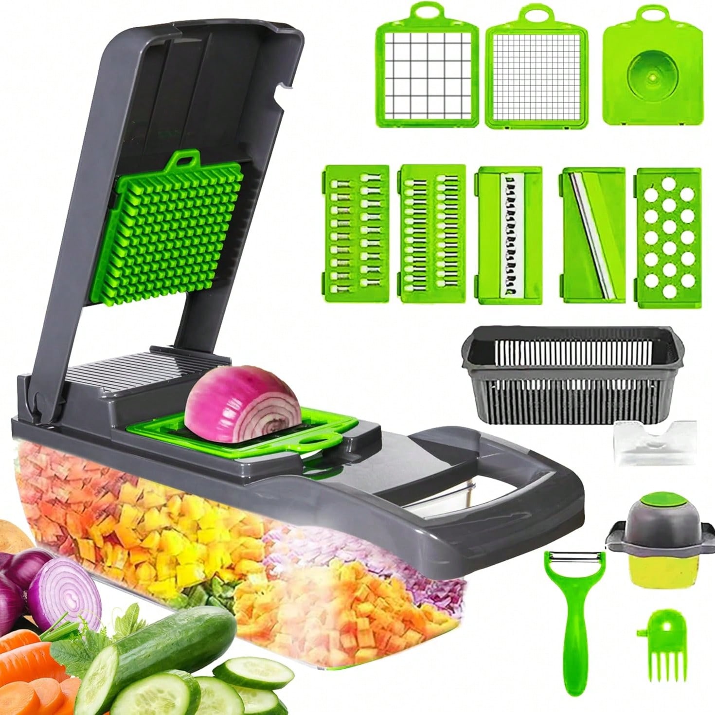 Mandoline Slicer Guard - 多機能15-in-1フードベジタブルチョッパー、カッタースライサーサラダオニオンチョッパーカッターダイサー（容器付き）、8種類の交換可能なブレード、ハンドプロテクター、水切りストレーナー、ピーラー、多機能プロフード用ポテトカッター、マンドリンスライサーキッチン