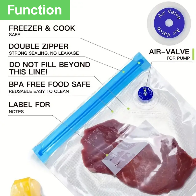 25 個の再利用可能な真空シーラーバッグ、一方向バルブ付き  - Meal Prep Seafood のレビューと価格