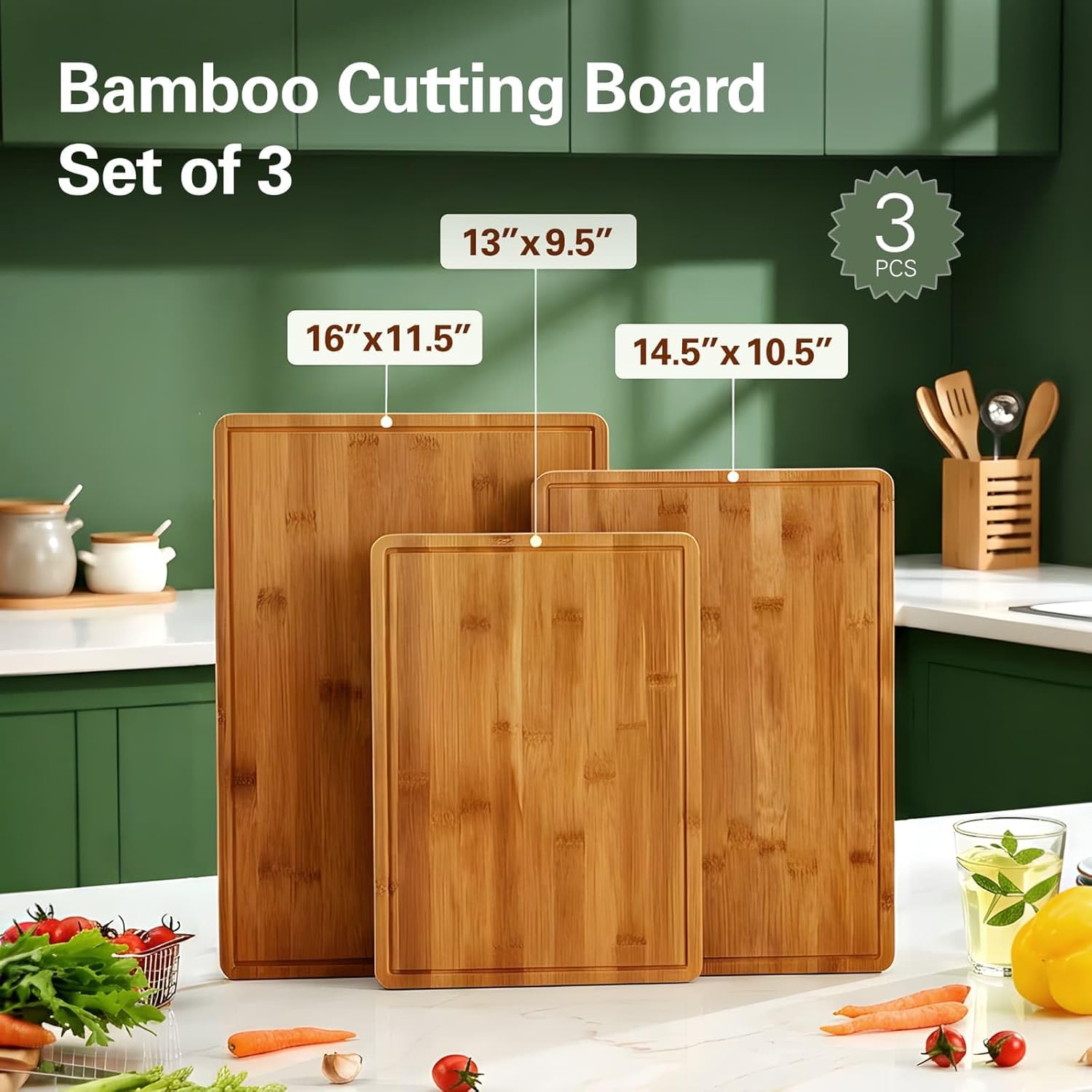 竹製まな板セット（ジュース溝とハンドル付き）、3枚組木製カッ - Meal Prep Cutting のレビューと価格